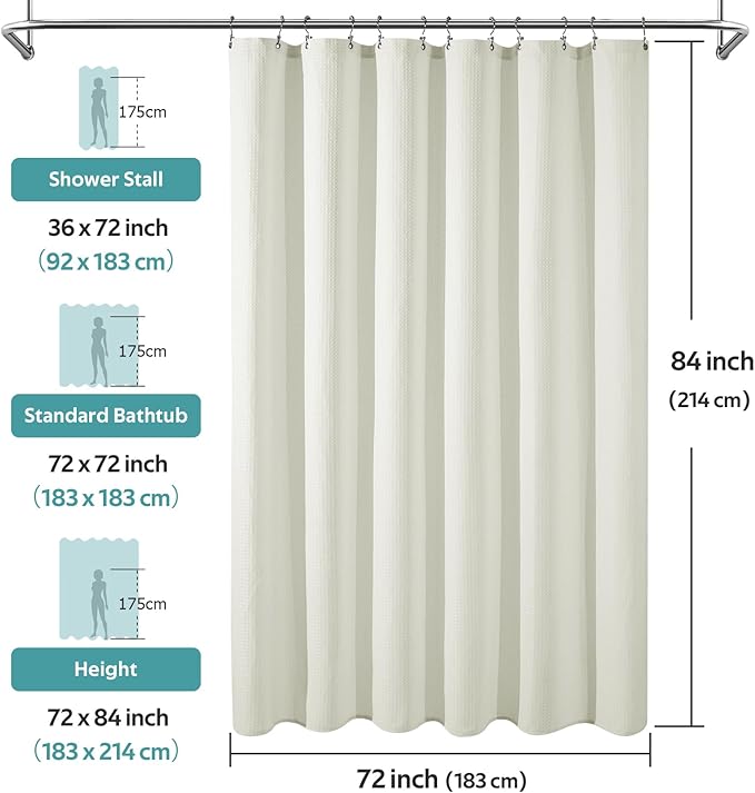 Vipfree 3 in 1 Shower Curtain Set, Waffle Shower Curtain and Liner Set with 12 Double Sided Shower Curtain Hooks, 258GSM Luxury Weighted Cloth Shower Curtains for Bathroom, 72 W x 84 H, Cream
