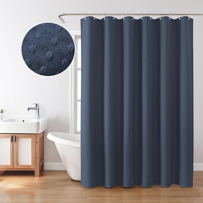 Inhousolu Fabric Shower Curtain Waffle Weave, Navy Blue 230 GSM Heavy Duty, Weighted Hem, 12 Metal Hooks, Water Repellent, Machine Washable, Hotel Spa Luxury Bath Curtain Set, 54 x 78 Inch