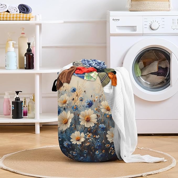 Vintage White Blue Daisy Laundry Basket with Sturdy Handles, Watercolor Flower Collapsible Oxford Cloth Laundry Hamper Organizer Basket for Bathroom Bedroom 15.7x20 Inch