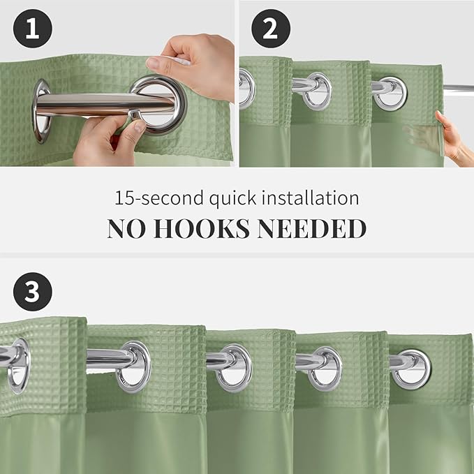 River Dream Sage Green Fabric Shower Curtain Set, Cotton Blend, Waffle Weave, with Snap in Replacement Liner，54 x 80 inches