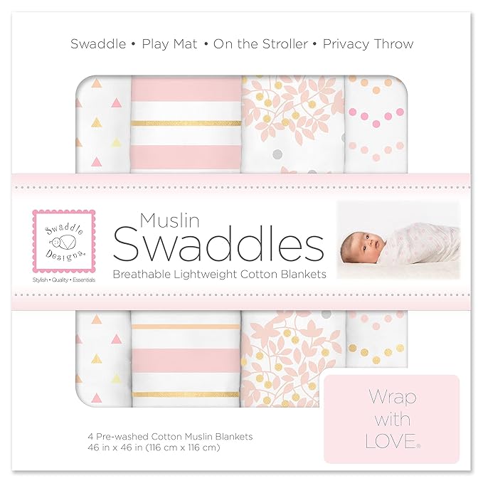 SwaddleDesigns Cotton Muslin Swaddle Blankets, Set of 4, Receiving Blankets for Baby Boys & Girls, Best Shower Gift, 46x46 inches, Pink Floral