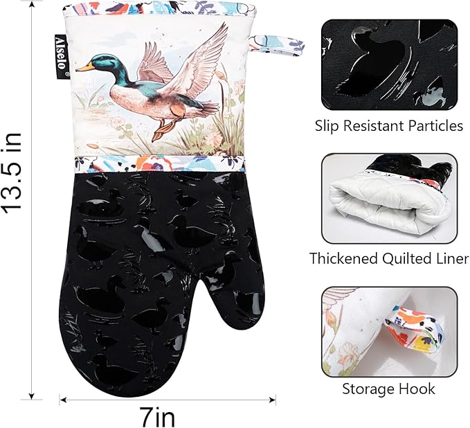 Oven Mitts, Heat Resistant with Soft Quilted Cotton Lining Set of 2, Fashion Duck Design with Silicone Printing Anti-Slip Kitchen Gloves for Safe Backing Cooking Barbecue (Darkgray, Duck)