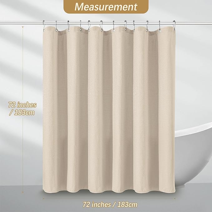 PANGSINNE Beige Fabric Shower Curtain - Waffle Textured Heavy Duty Shower Curtains for Bathroom, 256GSM Hotel Spa Luxury Weighted Bath Curtain with 12 Hooks, 72x72, Beige