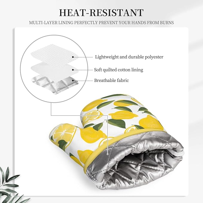Oven Mitts and Potholders Watercolor Lemon Leaf Silicone Glove Heat Resistant, Kitchen Gloves for Cooking, 2-Piece Set