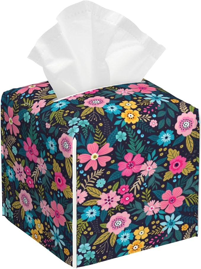 POIUBLE Tissue Box Holder Colorful Flowers Tissue Box Cover Square Leather Tissue Holder Organizer Portable Decorative Facial Paper Case for Home Office Bathroom Vanity Countertop