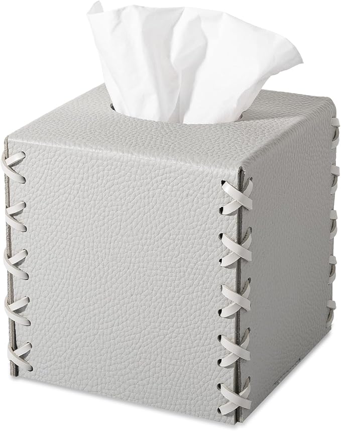 Tissue Box Cover PU Leather Tissue Holder Square Decorative Home Decor Cube Boxes for Bathroom, Kitchen, Nightstand, Office Desk Essentials, Light Gray