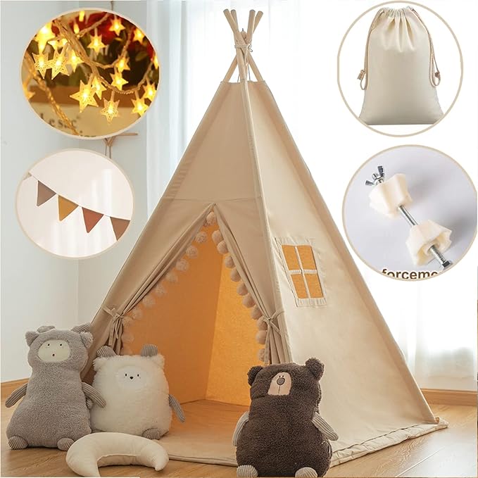 RONGFA Kids Teepee Tent with Lights &Large Pompoms & Carry Bag, Machine Washable Tent for Kids Indoor, Toddler Teepee for Girls & Boys（Without Mat）
