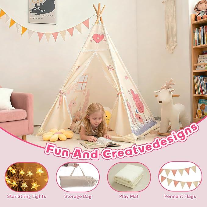 Duwenem Teepee Tent for Kids, Play Tent with Padded Mat & Star Lights, Indoor Play Tent for Girls & Boys, Pink Unicorn