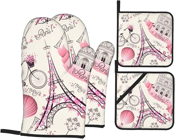 Paris Eiffel Tower Oven Mitts and Pot Holders 4 Pcs Set Oven Gloves and Potholders for Cooking Microwave BBQ Baking Grilling