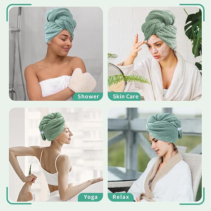 my novel things 2 Pack Extra Large Microfiber Hair Towel Wrap, 37.4" x 26.4" for Women, Super Absorbent & Quick Dry Hair Towel with Elastic Strap for Curly Hair Green