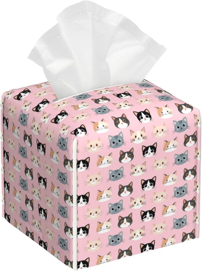 Leather Tissue Box Holder Cute Cat Faces Tissue Box Cover Facial Paper Case Organizer Cube Napkin Dispenser for Bathroom Vanity Countertop Night Stand Office Car