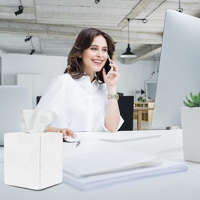 Tissue Box Cover, Cute Bleach White Linen Fabric Decorative Square Tissue Box Holder/Organizer for Bathroom Vanity Countertop/Office/Nightstand/Desk