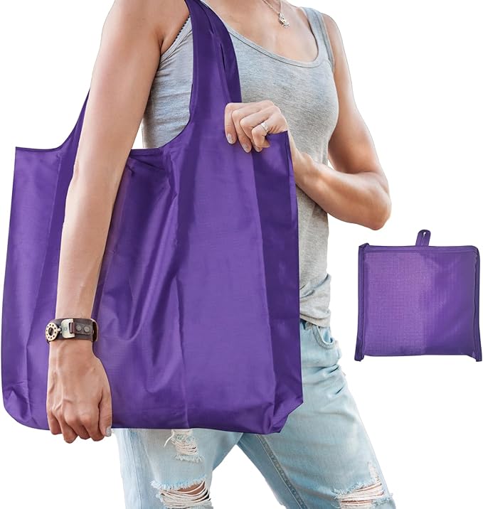 Ksheria Large 50lbs Heavy Duty Reusable Foldable Grocery and Shopping Tote Bags - Washable Polyester Bags in Pocket