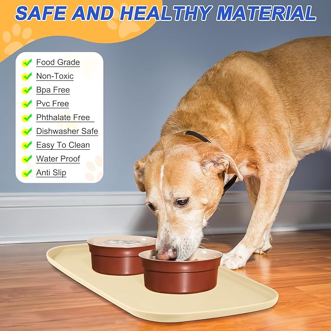 Silicone Pet Feeding Mat with Raised Edge for Food and Water, Dog Bowl Mats, Cat Bowls Placemat with High Lip for Floor Waterproof, Rubber Tray for Cats and Dogs 19 x 12 x 0.7 White Sand (Yellow Cast)