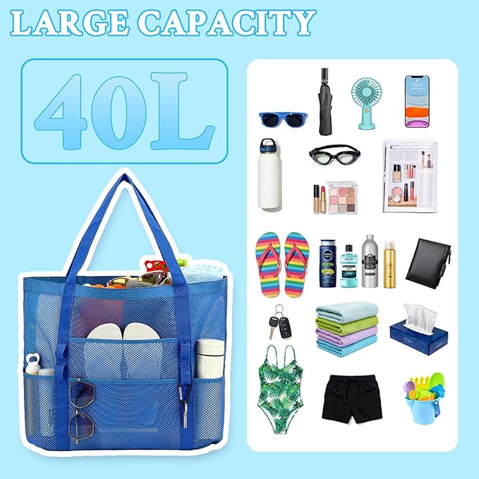 GYEUKHAM Mesh Beach Bag - Large Beach Tote Bag with Multiple Pockets for Family Beach Bag for Toys & Vacation Essentials