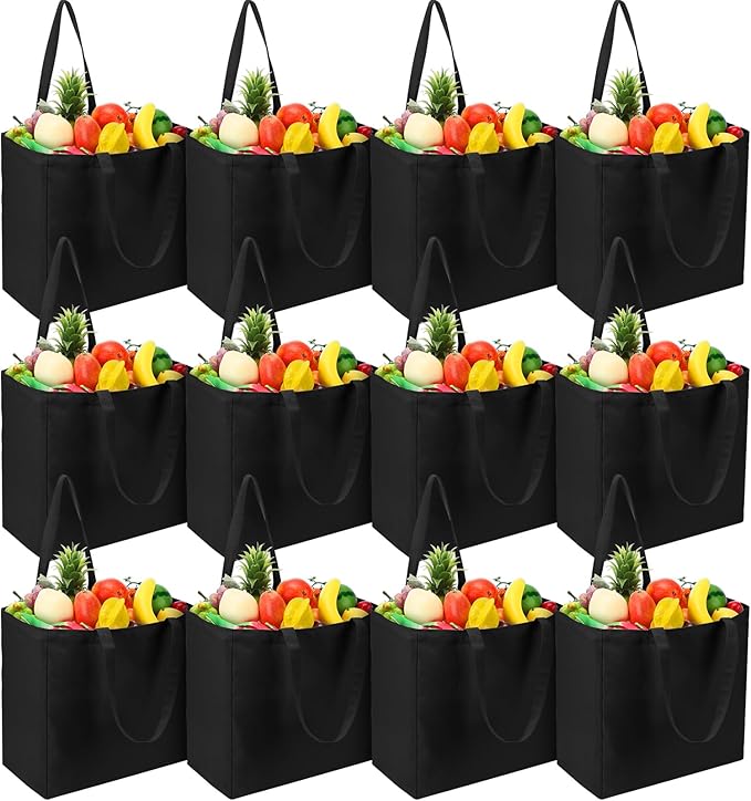 Reginary 12 Pack Canvas Grocery Bag Large Blank Shopping Tote Bags Reusable Pouches Bulk with Handle, 14 x 14 x 7.9''(Black)