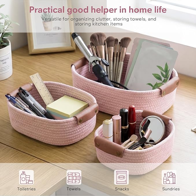 ECDYQXVU 5 Piece Storage Baskets Small Woven Basket with Detachable Leather Handle, Cotton Rope Shelf Baskets for Closet Organizers, Different Sizes Basket Decor, Light Pink