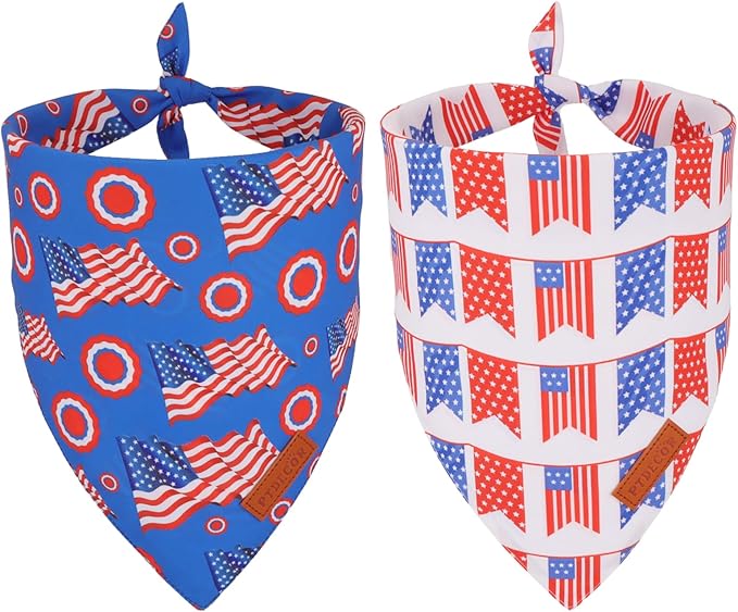 PTDECOR American Flag Dog Bandana White and Blue Flag Patterns, 4th of July Pet Scarf Reversible Triangle Patriotic Bandanas for Large X-Large Dogs Pets (X-Large)