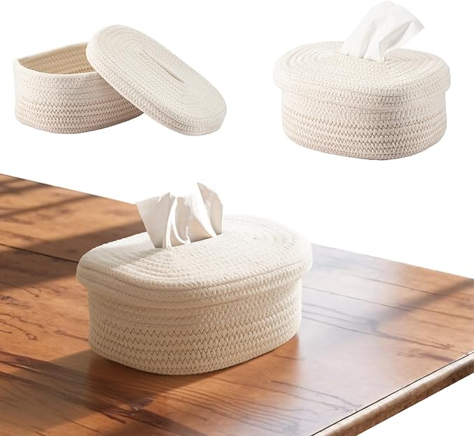 Mesbeslor Fabric Tissue Box Cover with Lid – Rectangular White Woven Tissue Holder for Home, Minimalist Decorative Tissue Case for Bathroom, Living Room, Bedroom