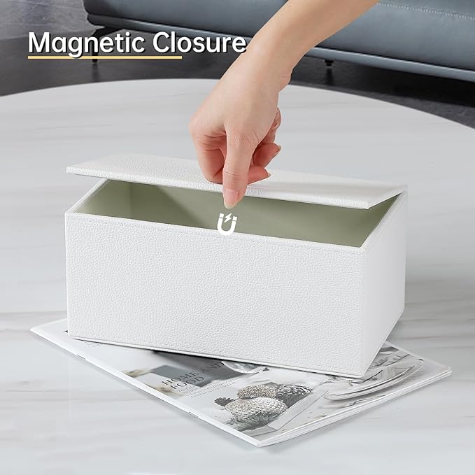 JLAMBOM Rectangle Tissue Box Cover for 120 to 160 Count Box of Tissues, PU Leather Tissue Holder with Magnetic Closure (White)
