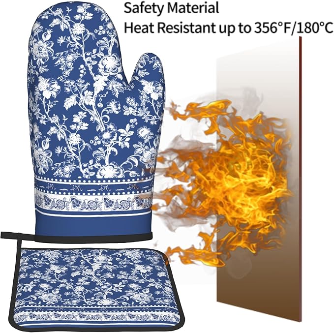 Blue White Floral Oven Mitts and Pot Holders Sets,Chinoiserie Oven Mitts for Kitchen Decor,Vintage Bohemian Style Heat Resistant Oven Glove Potholders for Baking Cooking BBQ