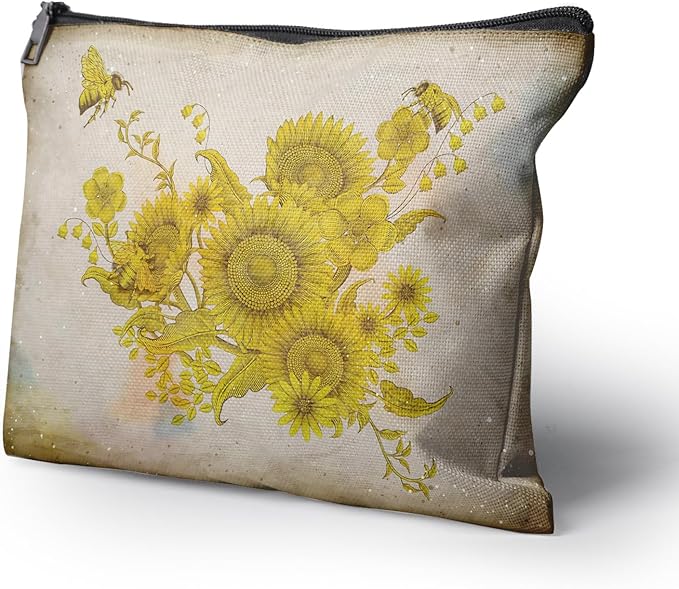 Cafl Retro Honey Bees Makeup Bag Travel Large Elegant Floral Cosmetic Bag Organizer toiletry Essentials Jewelry Zipper Bag Gift For Women -10×8 inch