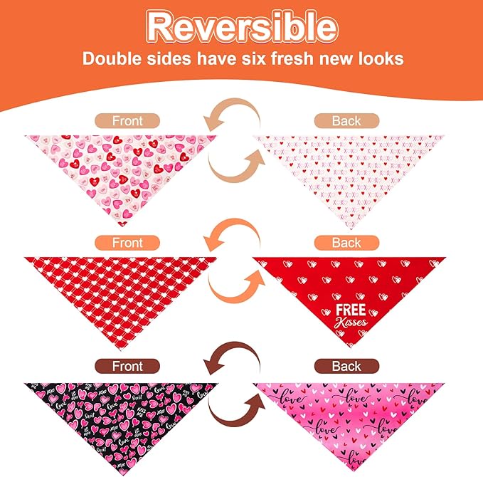 Agroon Dog Valentines Bandana Large 3PCS, 6 Pattern Sweetheart Scarf for Boy and Girl, Red Pink Black Triangle Reversible Love Bibs Breed for Puppy Pets