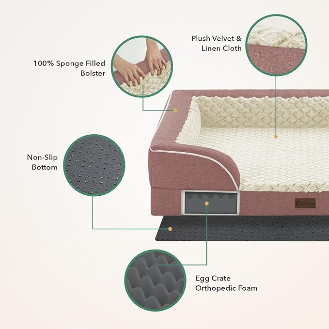 Casa Paw Orthopedic Dog Beds for Large Sized Dogs, Waterproof Memory Foam Large Pet Bed with Sides 35x22Inch, Non-Slip and Egg-Crate Foam Big Dog Couch Bed with Removable Washable Cover, Pink