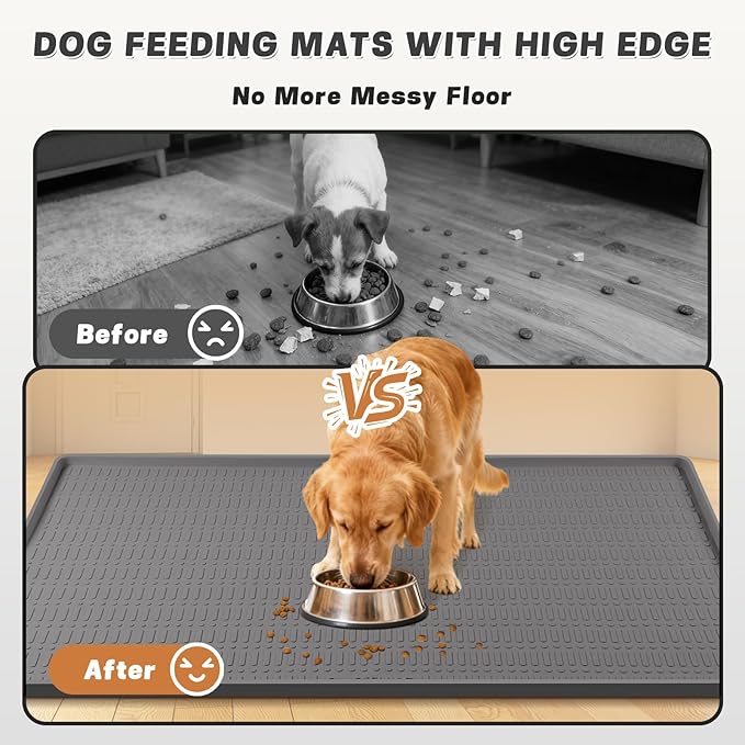47" x 35" Silicone Dog Food Mat, Waterproof Pet Feeding Mat with Raised Edge, Extra Large Dog Bowl Mat Non-Slip Water Bowl Placemats for Dogs, Protects Floors, Easy to Clean (Dark Gray)