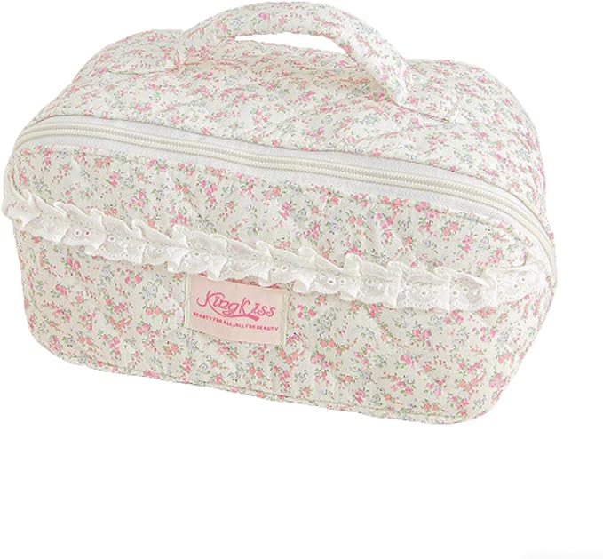 HiTotes Travel Makeup Bag Coquette Floral Cosmetic Bag Quilted Wide Open Lay Flat Toiletry Bag Cute Travel Makeup Pouch