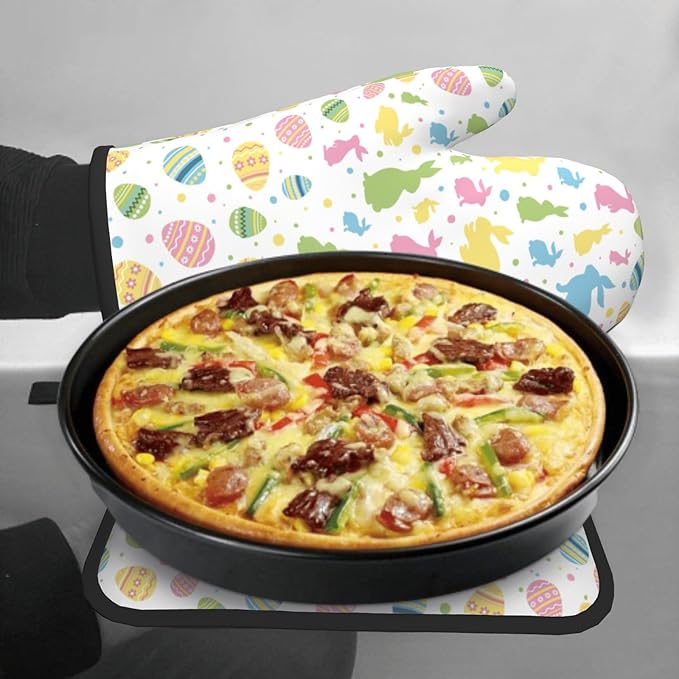 Easter Bunny Oven Mitts and Pot Holders Set of 2,Cute Rabbit Kitchen Baking Accessories Sets,Colorful Eggs Heat Resistant Oven Glove Potholders for Kitchen Cooking BBQ