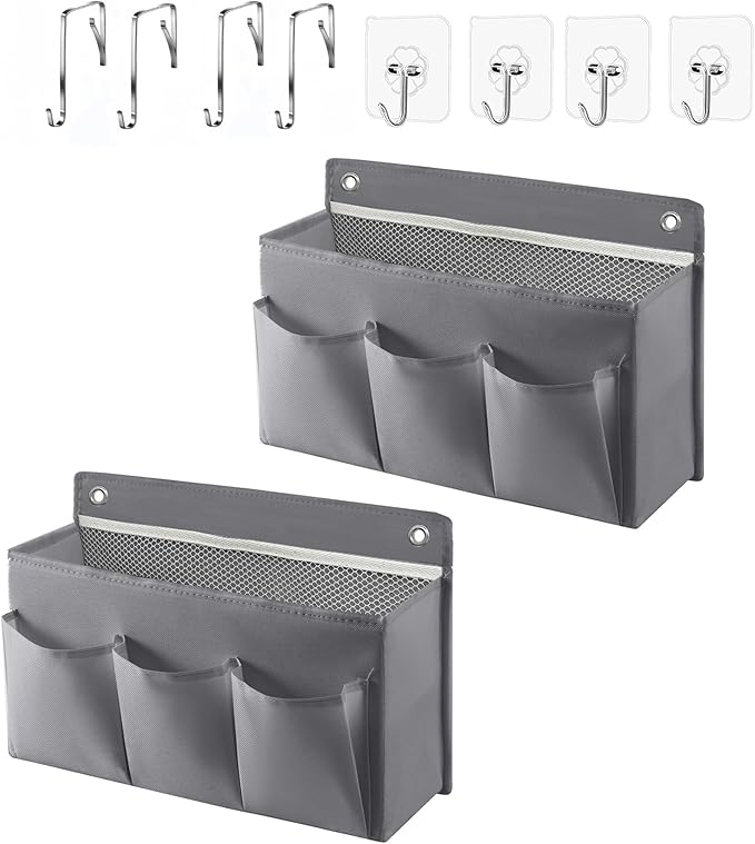 LASAMOLL 2-Pack Hanging Storage Baskets - Wall Organizer with 3 Pockets for Home/Dorm/Closet/Door, Multi-Purpose Space Saver for Office/Bathroom/Nursery - Foldable Fabric Organizer (Grey)