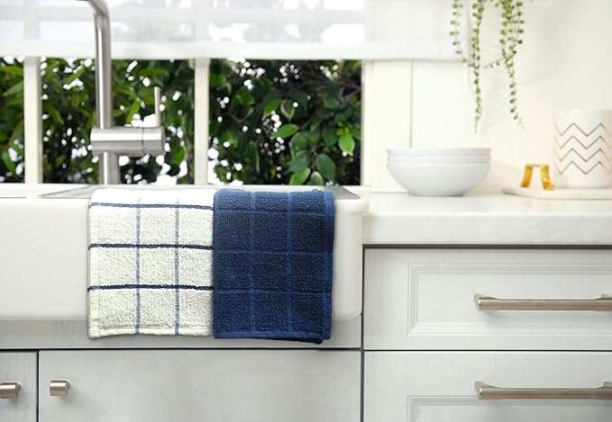 Mellow Buff 100% Cotton Terry Dish Cloth & Dish Towel, 6 Pack, Super Soft and Absorbent Kitchen Towels, Perfect for Kitchen Cleaning and Dish Washing (Navy (Solid and Check) 8 Pack)