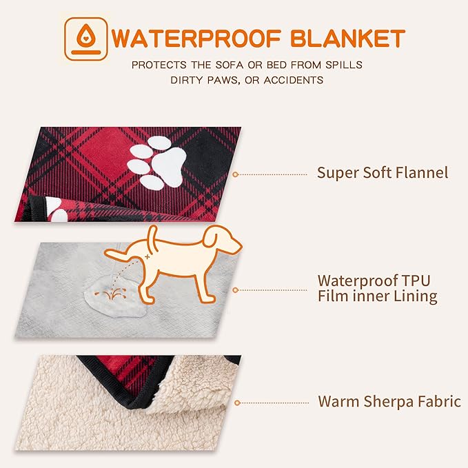 CAPT.SNOOZE Waterproof Dog Blankets Pet Blanket 60"x80", Soft Fluffy Sofa Car Bed Protector, Reversible Sherpa Fleece Dog Blanket for Large Dogs Christmas Decor(Paw Red)