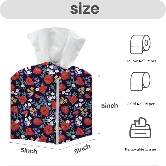 Tissue Box Cover, Tissue Box Holder, Square with Belt Bottom, PU Leather Decorative Organizer for Desk, Tabletop, Countertop Bathroom, Toilet Car, Office,Dressers, Kitchen, Aesthetic Red Flower Decor