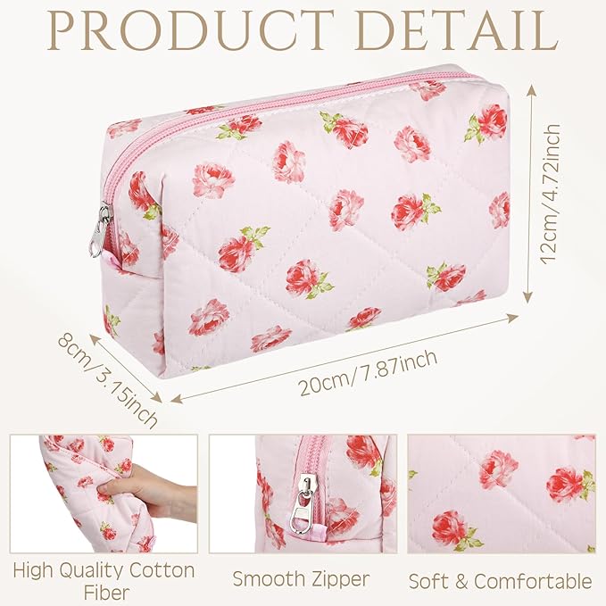 Paterr 10 Pcs Quilted Makeup Bag Bulk Cotton Floral Cosmetic Bag Women Girls Bridesmaid Gifts Cute Makeup Pouch Coquette Aesthetic Travel Toiletry Organizer(Pink Floral,7.87 x 4.72 x 3.15 Inches)