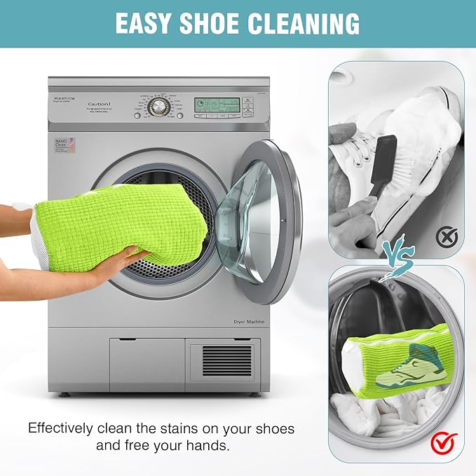 2 Pcs Shoe Washing Machine Bags with 4 Adjustable Shoe Trees, XXL Laundry Bags for Washer and Dryer, Sturdy Zipper with Hook Design, Reusable Cleaning Bag for Sneaker, Tennis (Green)
