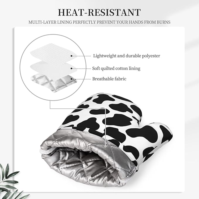 Cow Print Oven Mitts and Pot Holders with Apron 5pcs Silicone Black White Cow Kitchen Mitten Gloves and Non-Slip Potholders Apron Set Heat Resistant Cowhide Oven Gloves Hot Pads for Baking