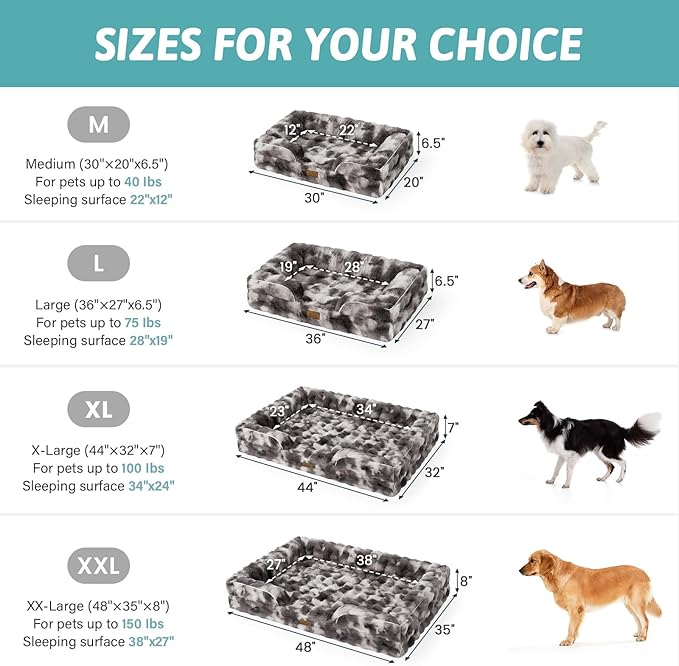 COZY KISS Orthopedic Dog Bed for Large Size Dog, Soft Warm Faux Fur Extra Large Sofa for Pet Up to 100 lbs, Foam Bolster Anti-Slip Couch with Washable Removable Cover, XL 44x32x7 inch, Tie Dye Grey