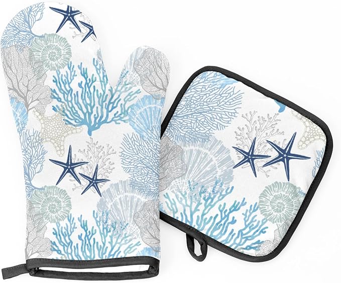 Coastal Oven Mitts and Pot Holders Sets,Starfish Seashell Coral Beach Themed Kitchen Mitts Potholders Heat Resistant Oven Gloves Hot Pads for Baking BBQ Grilling