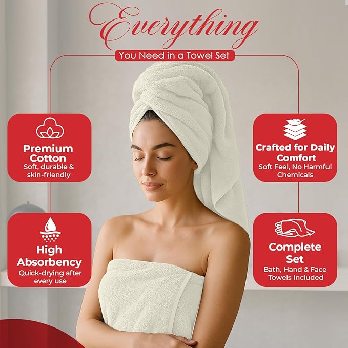 RIVERSIDE Pack of 8 Towels Set, 2 Large Bath, 2 Hand, 4 Face Washcloths, 100% Cotton Hotel Quality, Super Soft, Quick Dry, Highly Absorbent Perfect for Bathroom, Cannoli Cream
