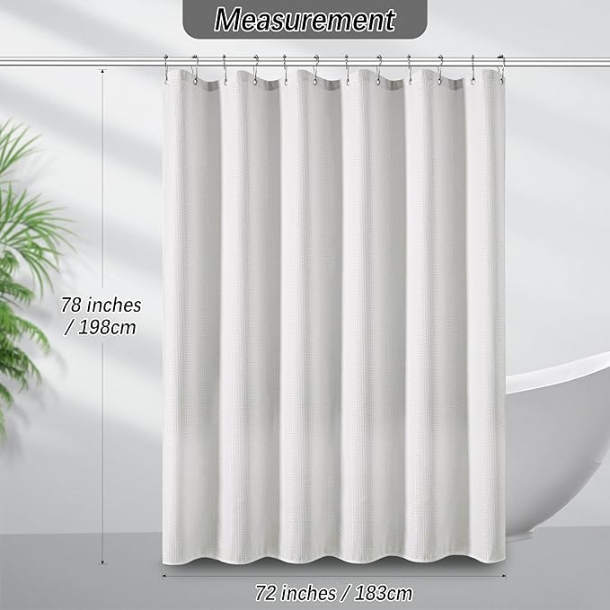 PANGSINNE Long White Shower Curtain Waterproof Large Heavy Duty Fabric Shower Curtains for Bathroom, Machine Washable Tall 256GSM Modern for Spa Hotel with 12 Metal Hooks, 72Wx78H