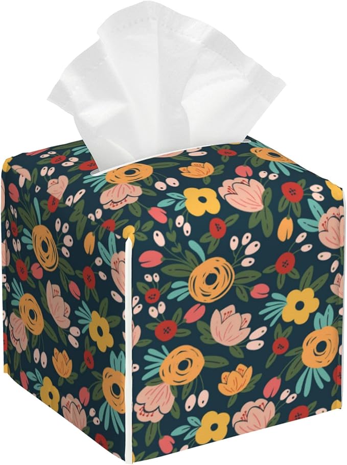 Tropical Flower Leather Tissue Box Holder Vintage Rose Tissue Box Cover Facial Paper Case Organizer Cube Napkin Dispenser for Bathroom Vanity Countertop Night Stand Office Car