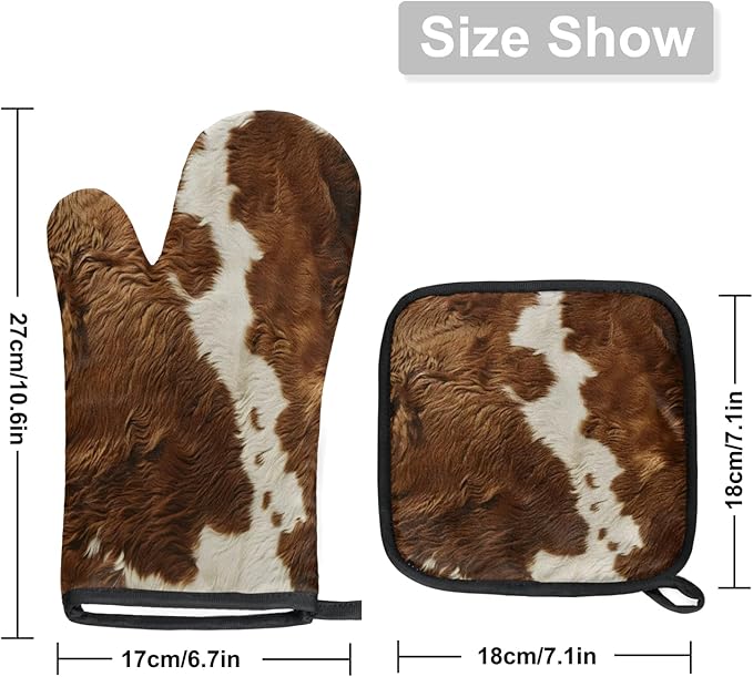 Cow Print Vintage Brown Oven Mitts and Pot Holders Sets, 2 Pcs Cow Decorative Kitchen Oven Glove for Cooking