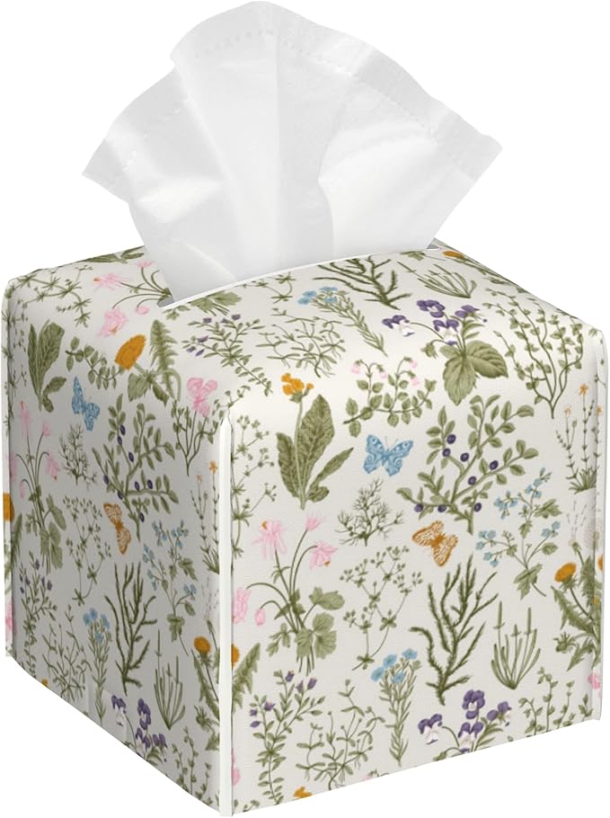 Vintage Floral Butterfly Tissue Box Cover,Colorful Herbs and Wild Flowers Waterproof Leather Square Tissue Box Cover Case Facial Paper Organizer Dispenser Box Holder for Home Office Bathroom Vanity