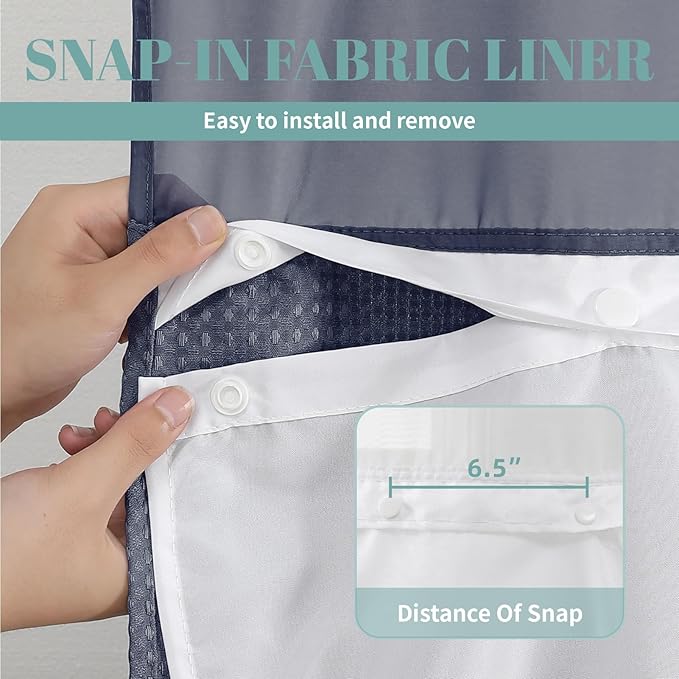 eachope Navy No Hook Waffle Weave Shower Curtain with snap-in Liner Replacement, 230GSM Waterproof Fabric Hotel Shower Curtain Set for Bathroom, Through Mesh Top Window,71Wx74H