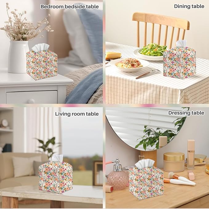 Tissue Box Cover, Tissue Box Holder, Square with Belt Bottom, PU Leather Decorative Organizer for Desk, Countertop Bathroom, Living Room ,Toilet Car, Office, Dresser Bedside, Aesthetic Floral Decor