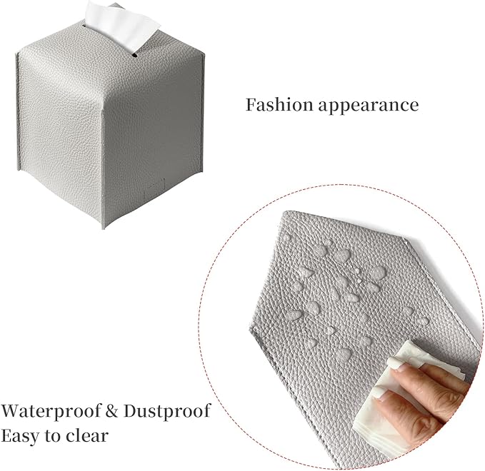 REGELETO Square Tissue Box Cover, Pu Leather Tissue Box Holder with Bottom Belt Modern Stylish Tissue Box Organizer for Bathroom, Bedroom, Hotel, Office Desk 5"X5"X5"-Grey