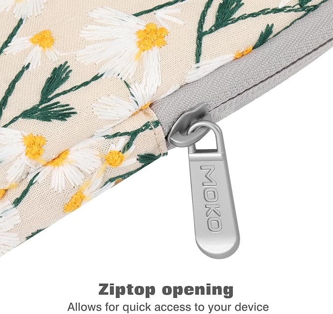 MoKo 9-11 Inch Embroidered Daisy Sleeve Pouch Fits New 11-inch iPad Pro M4/iPad Air M2 2024, iPad Air 5/4/3 10.9"/10.5", iPad Pro 11 M2, iPad 10th 10.9, iPad 9/8th Gen 10.2, Tab S8/S9 11", White Daisy