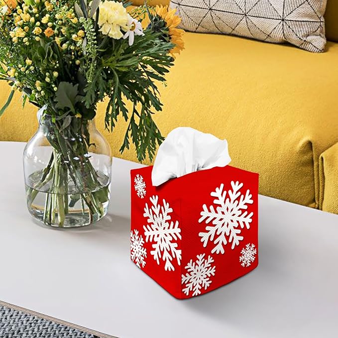 Tissue Box Cover Square Decorative Tissue Box Holder Cute Funny Cube Tissue Case Cover-Xmas Decor Christmas Snowflake Red Tissue Box Cover
